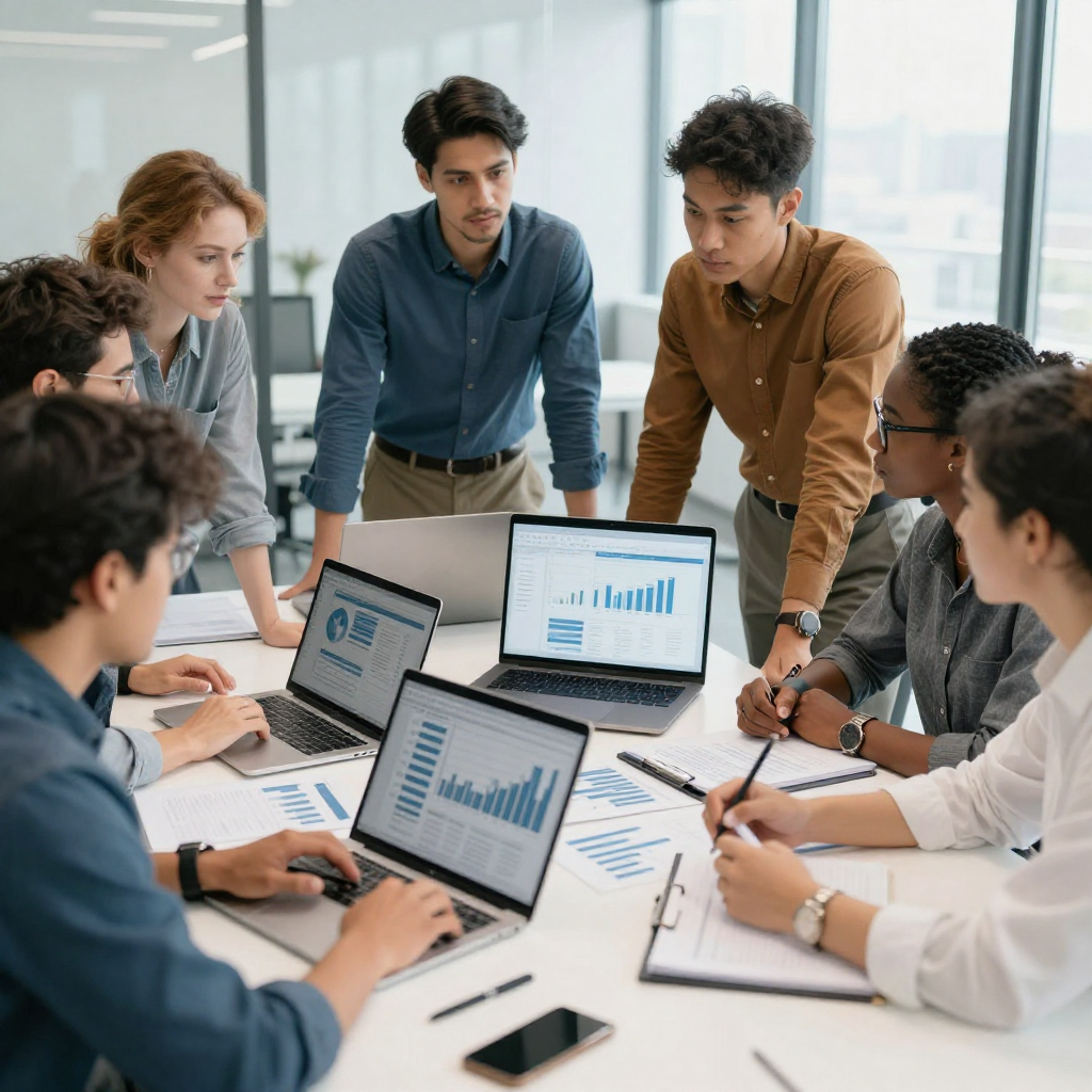Diverse consulting team analyzing business data and market trends